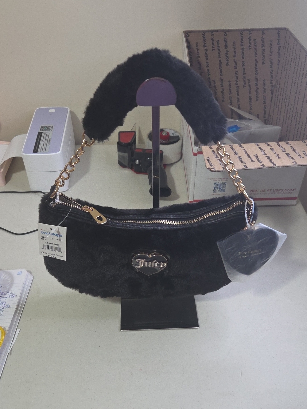 Juicy Couture Black Faux Fur Mini Baguette with Gold Chain